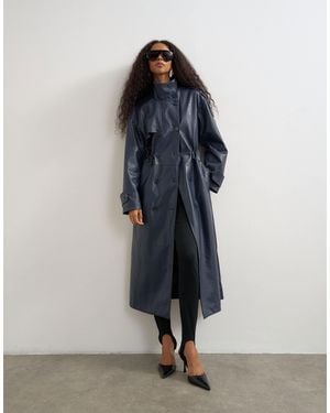 TOPSHOP Faux Leather Longline Cinch Waist Trench Coat - Blue