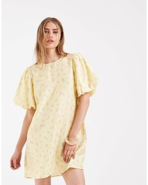 Pieces Volume Sleeve Bow Back Mini Shift Dress - Natural
