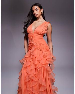 ASOS Ruched Maxi Dress With Waterfall Detail - Orange