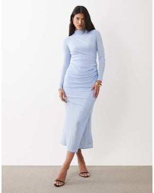 ASOS Ruched Mesh High Neck Long Sleeve Midi Dress - Blue