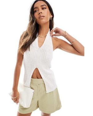 Pieces Knitted Halterneck Longline Top With Split Front - White