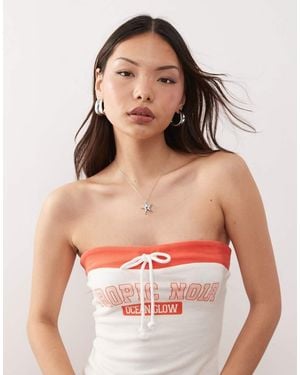 Monki Co-ord Strapless Bandeau Jersey Top With Orange Contrast Tie Detail And 'tropic Noir' Varisty Print - Red