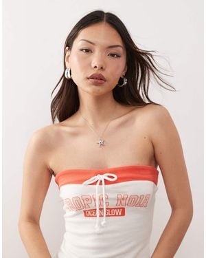Monki Co-ord Strapless Bandeau Jersey Top With Orange Contrast Tie Detail And 'tropic Noir' Varisty Print - Red