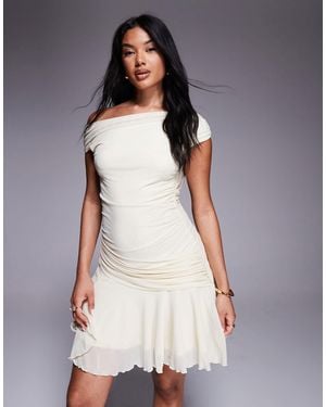 Aria Cove Mesh Drape Detail Off The Shoulder Ruffle Skirt Mini Dress - Purple