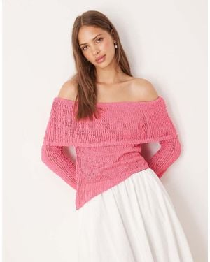 ASOS Crochet Semi Sheer Bardot Top With Asymmetric Hem - Pink