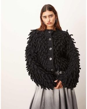 ARRANGE Wool Hand Knit Ultimate Loop Fringe Cardigan - Black