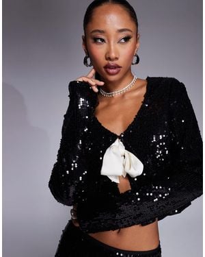 Kaiia Exclusive X Sasha Corte Exclusive Sequin Contrast Bow Tie Front Top Co-ord - Black