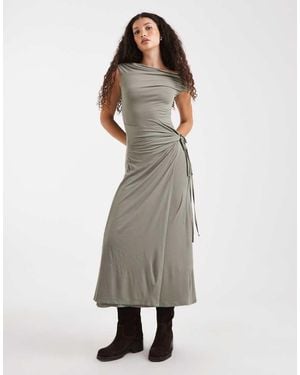 ASOS Fallen Shoulder Wrap Waist Midi Dress - Grey