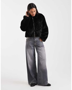 ONLY Zip Through Faux Fur Jacket - Black