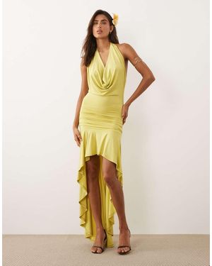 Murci Vestito Lungo Aderente Con Volant Asimmetrico Color Lime Con Scollo Ad Anello Profondo - Metallizzato