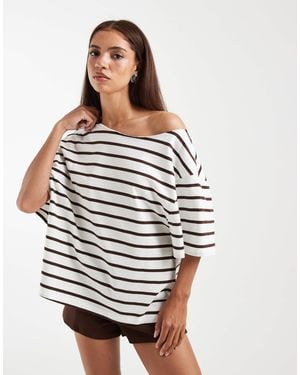 ASOS Slouchy Off Shoulder Oversized Tee Choc & Cream Stripe - White