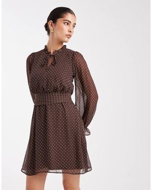 New Look Polka Dot Chiffon Cinched Waist Mini Dress - Brown