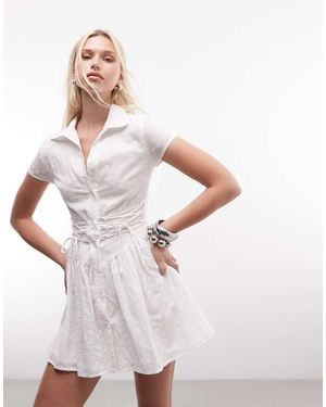 Daisy Street Vestido Camisero Corto Con Bordado Inglés, Cintura Ceñida Y Lazada En La Espalda - Blanco