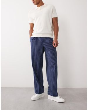 ASOS Linen Blend Tailored Pleated Wide Leg Trousers - Blue