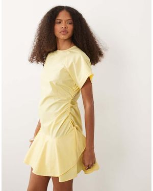 ASOS Poplin Short Sleeve Mini Dress With Ruching Tie Waist Detail - Natural