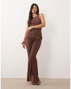 Wanderdoll Bella Sculpting Second Skin Knot Side Drape Detail Wide Leg Trouser Co-Ord - Brown