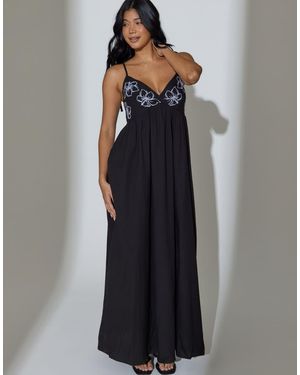 South Beach Embroidered Flower Tie Shoulder Maxi Dress - Grey
