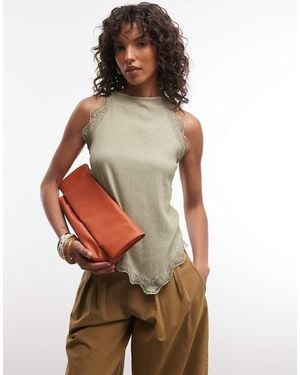 River Island Lace Trim Halterneck Textured Top - Green