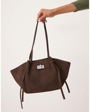 Gina Tricot Faux Suede Small Tote Bag With Strap And Clutch Detail - Natural