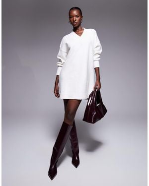 Aria Cove Knit Oversized V Neck Balloon Sleeve Mini Sweater Dress - White