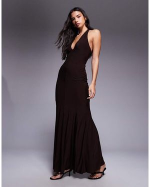 Fashionkilla Exclusive Double Sculpted Slinky Plunge Halterneck Godet Hem Maxi Dress - Blue
