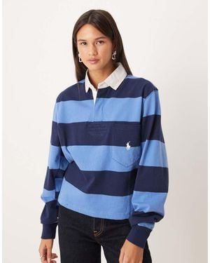 Polo Ralph Lauren Cropped Stripe Cinched Waist Rubgy Shirt - Blue