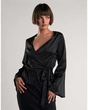 Glamorous Wrap Long Sleeve Top - Black