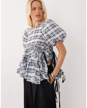 Ghospell Micaela Ruched Puff Sleeve Top - Blue