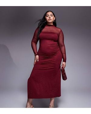 Renee Studio Mesh High Neck Hotfix Side Split Maxi Dress - Red