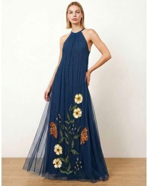 Maya Floral Embellished Halter Neck Trapeze Maxi Dress - Blue