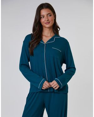 Loungeable Pijama Clásico De Camisa De Manga Larga Y Pantalones Largos De Canalé De - Azul