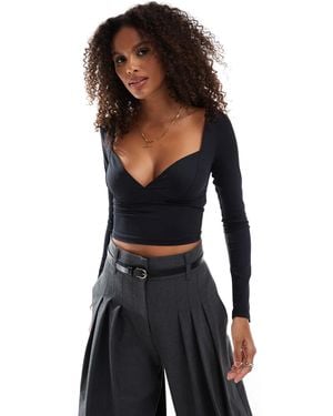 Stradivarius Deep V Long Sleeve Top - Black