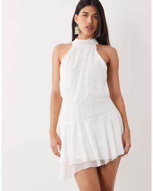 Fashionkilla Exclusive Chiffon Halterneck Foldover Detail Ruffle Skirt Mini Dress - White