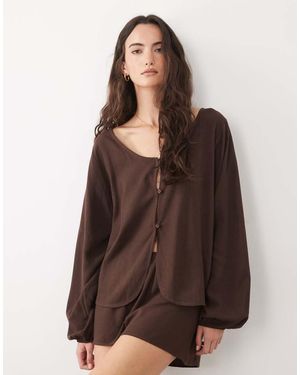 ASOS Linen Blend Volume Sleeve Blouse Co Ord - Brown