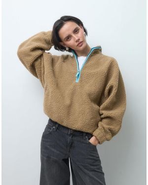 ASOS Borg Half Zip With Contrast Binding - Natural