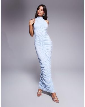 Aria Cove Double Layered Slinky Ruched High Neck Bodycon Maxi Dress - Blue
