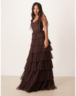 LACE & BEADS Bow Shoulder Tiered Tulle Maxi Dress - Brown