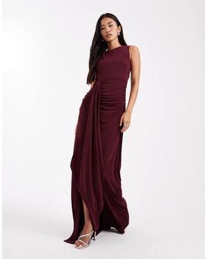 Six Stories Bridesmaids Stretch High Neck Sleeveless Maxi Dress With Ruched Front - Red