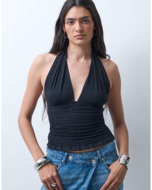 Collusion Top mit tiefem ausschnitt, neckholder und smokdetails - Blau