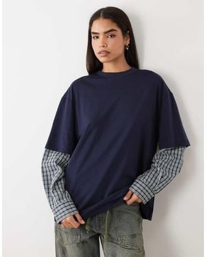 Lioness 2-In-1 Oversized T-Shirt En Geruit Overhemd Met Lange Mouwen En Siersteentjes - Blauw