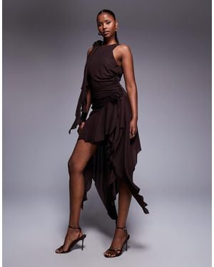 Bardot Corsage Ruffle Mini Dress - Brown