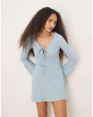 ASOS Soft Denim Mini Dress With Bow Front Detail - Blue