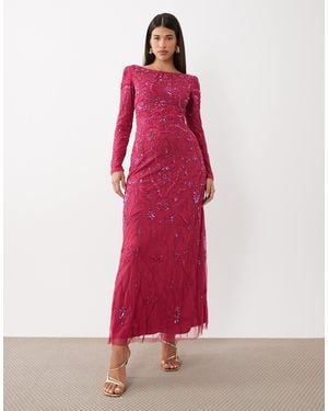Beauut Fully Embellished Beaded Mesh Overlay Slash Neck Maxi Dress - Red