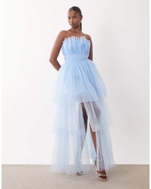 LACE & BEADS Tulle Bandeau Tiered Maxi Dress - Blue