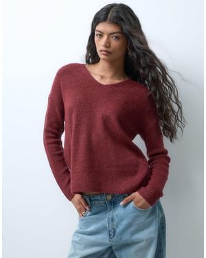 ONLY V Neck Long Sleeve Pullover Knit Jumper - Red
