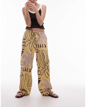 TOPSHOP Linen Straight Leg Buttermilk Abstract Print Trouser - White