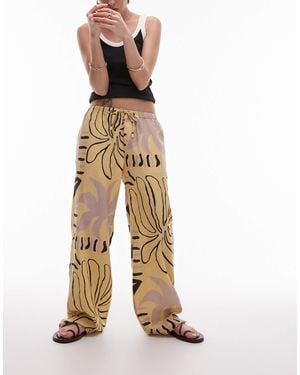 TOPSHOP Linen Straight Leg Buttermilk Abstract Print Trouser - White
