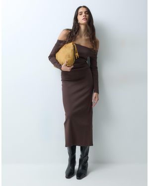 ASOS Off Shoulder Rib Midi Dress - Brown