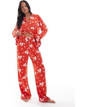 Loungeable Pijama De Pernera Ancha Con Estampado De Estrellas Y Ojos Y Cuello De Solapas De Punto Liso Muy Suave De - Rojo