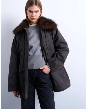 TOPSHOP Waxy Shacket With Faux Fur Collar - Black